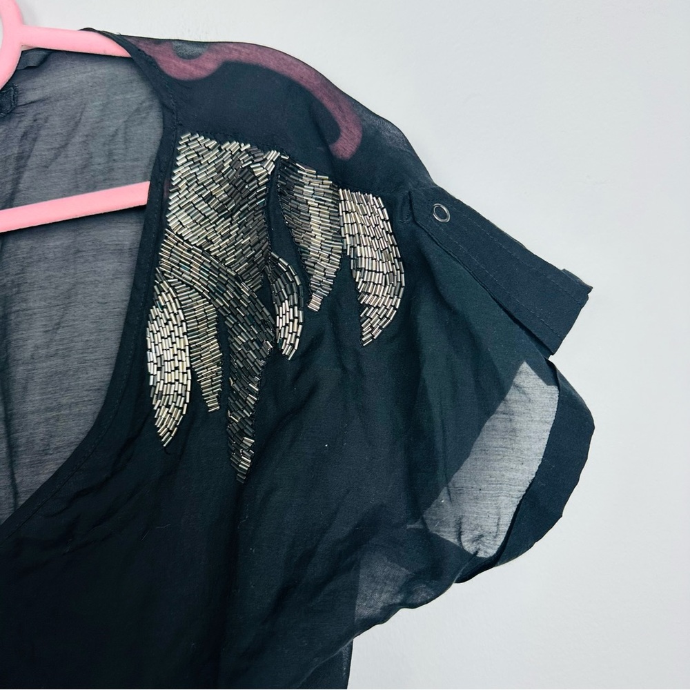 Guess Black Sheer Blouse with Silver Details Size Small - Picture 2 of 9